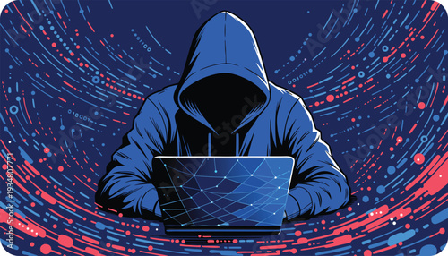 Hooded figure at laptop with swirling digital data streams in blue and red