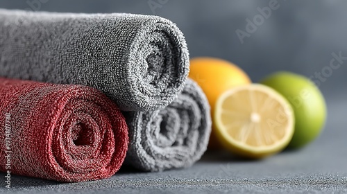 Rolled red and grey towels with sliced lemon and green apple on table