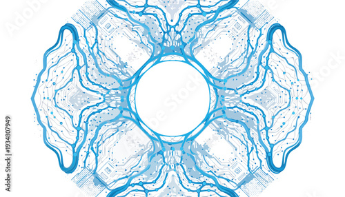 Intricate blue and white circular abstract pattern resembling neural network or circuitry on a... de