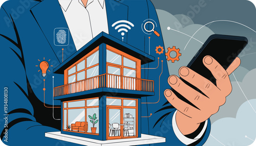 Man Holding Smart Home Model with Smartphone and Interior Details (30) d