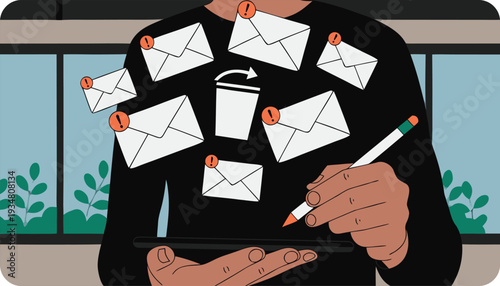 Overwhelmed person managing digital communication with emails and stylus on tablet des