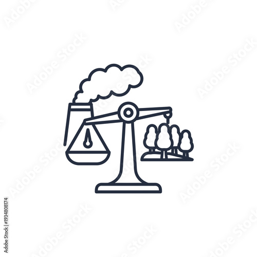 "A illustration depicting the balance between environmental conservation and industrial pollution, featuring a scale weighing a factory emitting smoke, concept carbon tracking, outline style