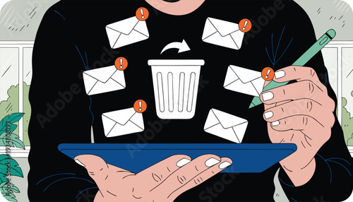 Person deleting emails on a tablet with a stylus surrounded by floating envelopes with... trash desi