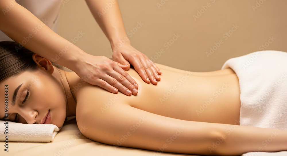 Fototapeta premium Back Massage Therapy Spa Treatment Concept – Woman 20s full body relaxation pose