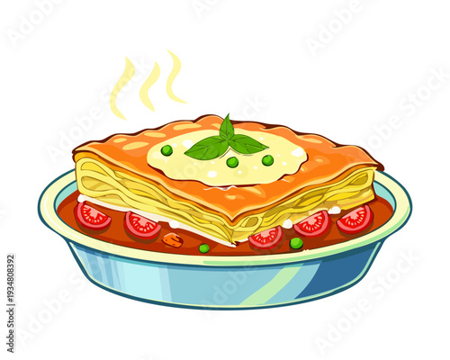 Delicious Homemade Italian Beef Lasagna Served in Red Ceramic Baking Dish with Fresh Parsley Garnish - Vector Illustration