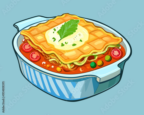 Authentic Traditional Lasagna Recipe Served in Blue Bowl with Green Leaf Garnish and Rich Tomato Meat Sauce - Vector Illustration