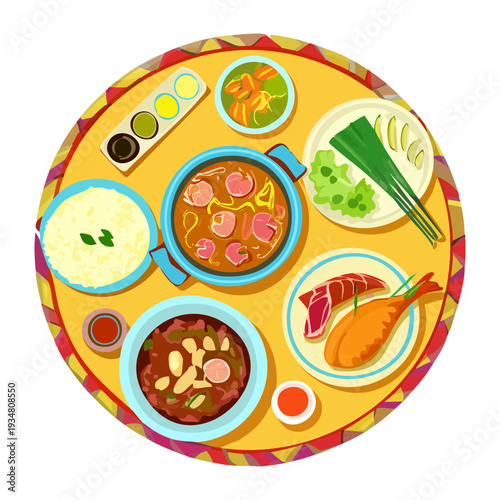 Assorted Indian Meal Thali with Rice Dal and Various Vegetarian Curries Served on Traditional Round Tray - Vector Illustration