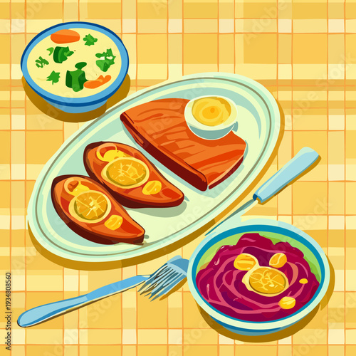 Pan Fried Fish Fillets with Lemon Slices Served on Blue Plate for Healthy Omega Rich Seafood Dinner - Vector Illustration