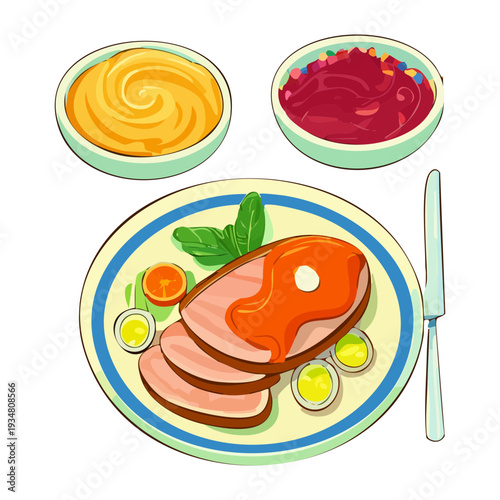 Pan Seared Meat Steak with Mashed Potatoes and Various Dipping Sauces for Gourmet Dinner Menu Option - Vector Illustration