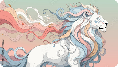 White lion with flowing pastel colored mane and tail against a soft gradient background with... desi