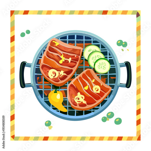 Pan Seared Meat Slices and Vegetables on Round Metal Grill for Healthy High Protein Dinner Meal - Vector Illustration