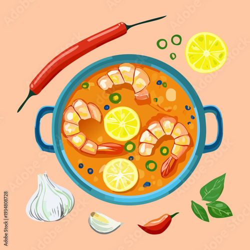 Mediterranean Seafood Stew with Prawns and Lemon in Orange Pot for Nutritious Healthy Family Dinner - Vector Illustration