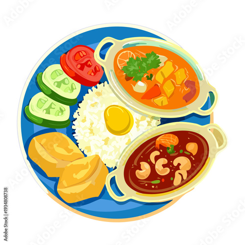 Indian Thali Meal with Rice Dal and Various Curries for Traditional and Nutritious Healthy Dinner - Vector Illustration