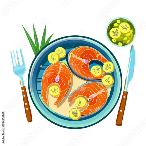 Grilled Salmon Fillets with Potatoes and Herbs for Nutritious and Healthy Omega Rich Seafood Meal - Vector Illustration