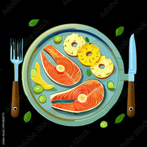 Poached Salmon with Vegetables and Lemon in Blue Pot for Healthy and Light Seafood Lunch - Vector Illustration