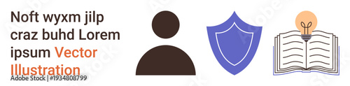 Digital identity, online security, data protection, knowledge sharing, education, creativity concepts. Person icon, shield open book with lightbulb. Digital identity and online security visually