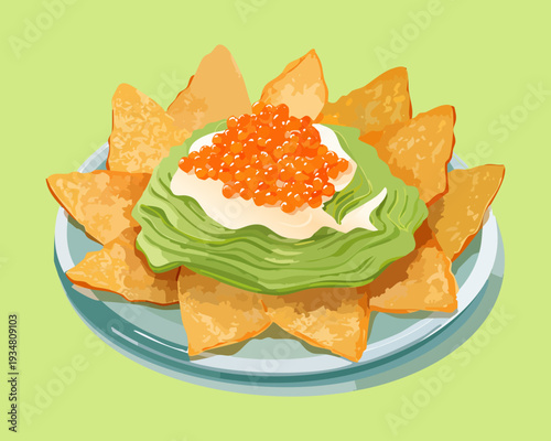 Plate of crunchy nachos with guacamole and red roe topping served on a light green background surface - Vector Illustration