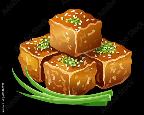 Stack of crispy fried tofu cubes with sweet chili sauce drizzle and fresh herbs for vegetarian snack - Vector Illustration