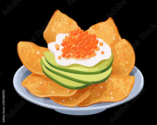 Crispy corn nachos topped with creamy avocado spread and red caviar for a luxury mexican fusion snack - Vector Illustration