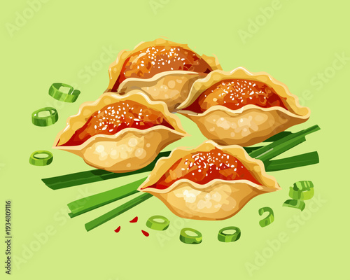 Crispy golden brown fried wonton cubes with fresh chives garnish served on a dark elegant plate - Vector Illustration