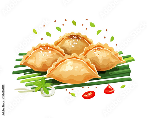 Traditional steamed dumplings with meat filling and fresh herb garnish served for authentic asian cuisine dinner - Vector Illustration