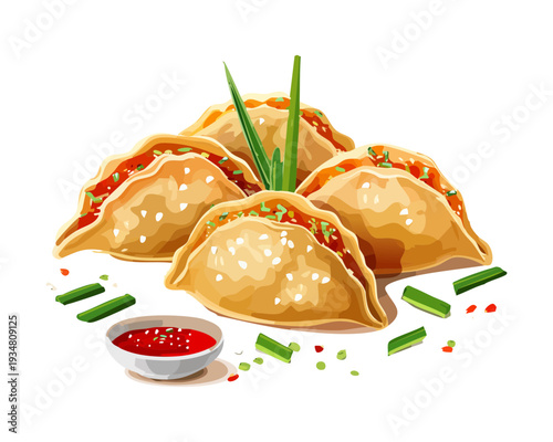Authentic chinese potstickers or dumplings with dipping sauce and green onions on a light green plate - Vector Illustration