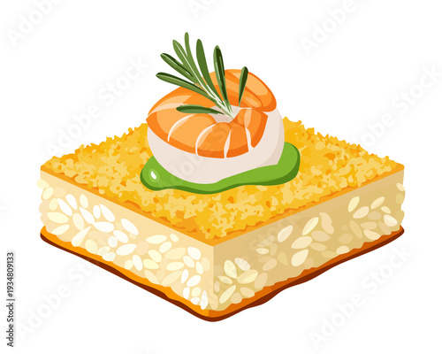 Bruschetta with creamy cheese topping fresh tomato slices and basil leaves on toasted rustic bread slice - Vector Illustration