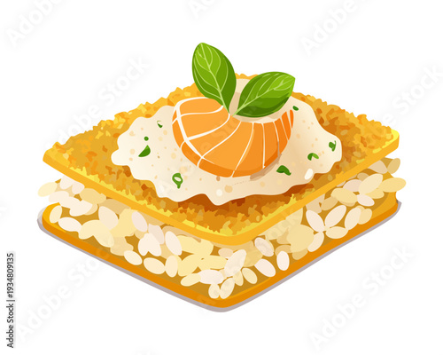 Gourmet polenta square topped with creamy sauce and a single fresh shrimp for elegant seafood appetizer - Vector Illustration