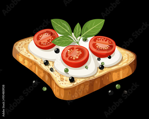 Trio of bruschetta slices topped with cherry tomatoes and cream cheese on a light green background - Vector Illustration