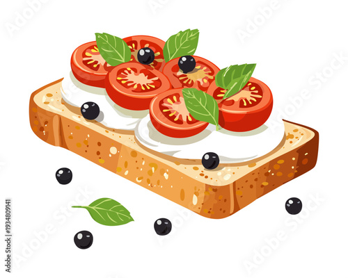 Italian tomato bruschetta with mozzarella and basil garnish served on a dark surface for rustic appetizer - Vector Illustration