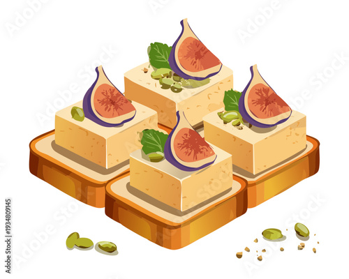 Gourmet appetizer platter with fig slices and cheese on toasted bread for elegant party catering menu - Vector Illustration
