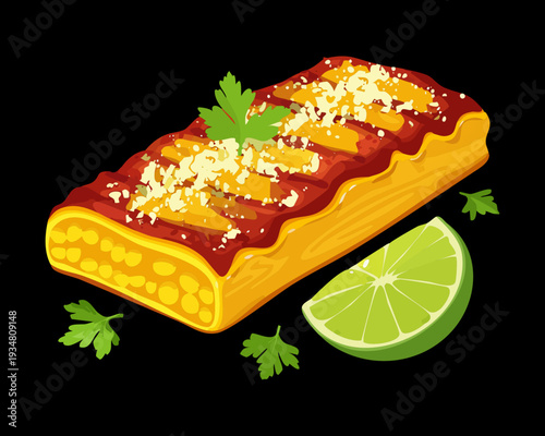 Two baked cheese rolls with savory sauce and lime wedge served on a blue decorative plate - Vector Illustration