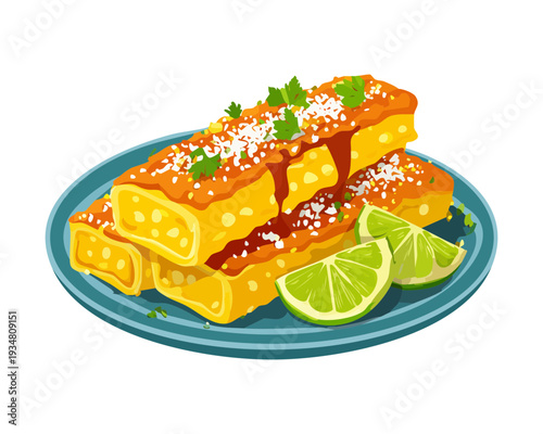 Authentic mexican enchiladas topped with cheese and sauce served with lime and herbs on dark plate - Vector Illustration