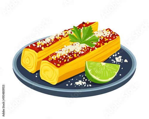 Pair of savory crepes filled with cheese and topped with herb garnish for a delicious breakfast - Vector Illustration