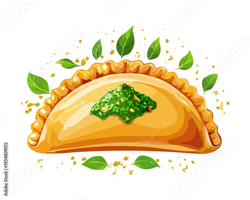 Two golden brown empanadas with spicy filling and herb garnish for a flavorful south american snack - Vector Illustration