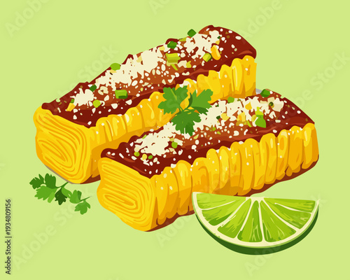 Golden crescent pastry or empanada with fresh herb garnish served as a traditional savory meat snack - Vector Illustration