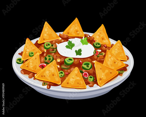 Big plate of mexican nachos with beef beans cheese and sour cream for a party snack - Vector Illustration