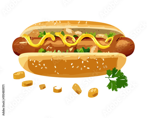 Classic hot dog with mustard drizzle and garnish served on a light green background for cafe - Vector Illustration