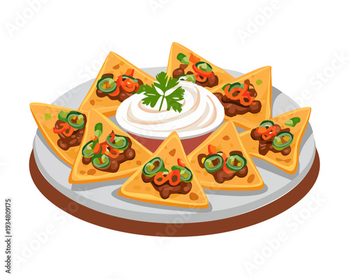 Spicy nachos with meat cheese and sour cream topping served on a dark background for restaurant - Vector Illustration