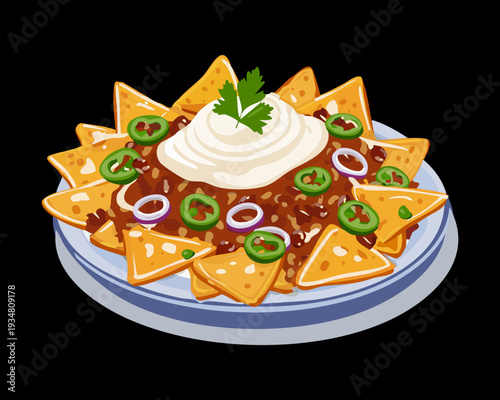 Large nacho bowl topped with meat cheese sauce and jalapeño peppers for a hearty appetizer dish - Vector Illustration