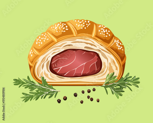 Single meat pie pastry with herb garnish on a light green background for rustic bakery theme - Vector Illustration