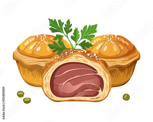 Mini meat pies with savory gravy filling and fresh parsley garnish served as a traditional pastry snack - Vector Illustration
