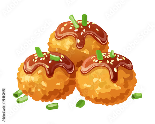 Golden fried takoyaki balls with savory sauce and green onion garnish for authentic japanese street food - Vector Illustration