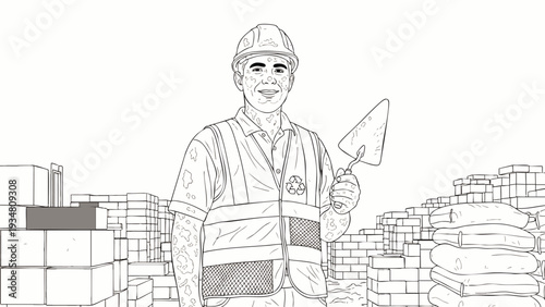 Professional male construction worker in safety gear holding a trowel, standing proudly amidst building materials like bricks and cement, line art drawing.