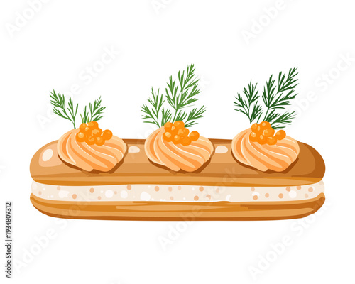 Long baguette slice topped with creamy seafood mousse and fresh herb garnish for elegant gourmet snack - Vector Illustration