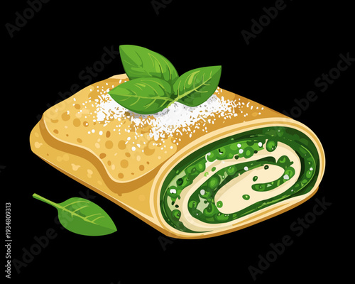 Single green herb roll with creamy filling served on a dark background for restaurant appetizer menu - Vector Illustration