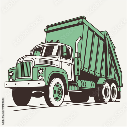 Vintage style green and white heavy duty garbage disposal truck for waste management concepts