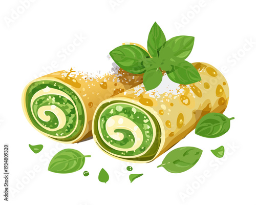 Savory green herb crepes or rolls with creamy filling and fresh basil garnish for healthy snack - Vector Illustration