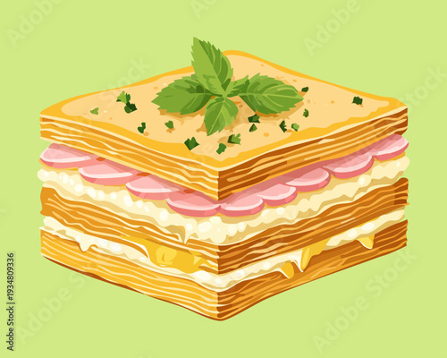 Light green themed square sandwiches with multiple layers of savory filling and fresh parsley for healthy snacks - Vector Illustration