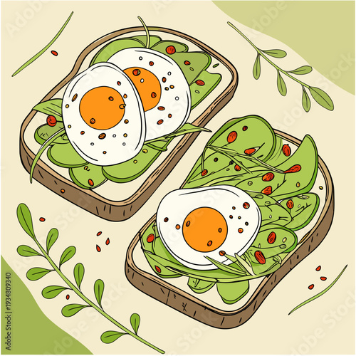 Two slices of avocado toast with hard boiled eggs and spinach leaves for healthy breakfast